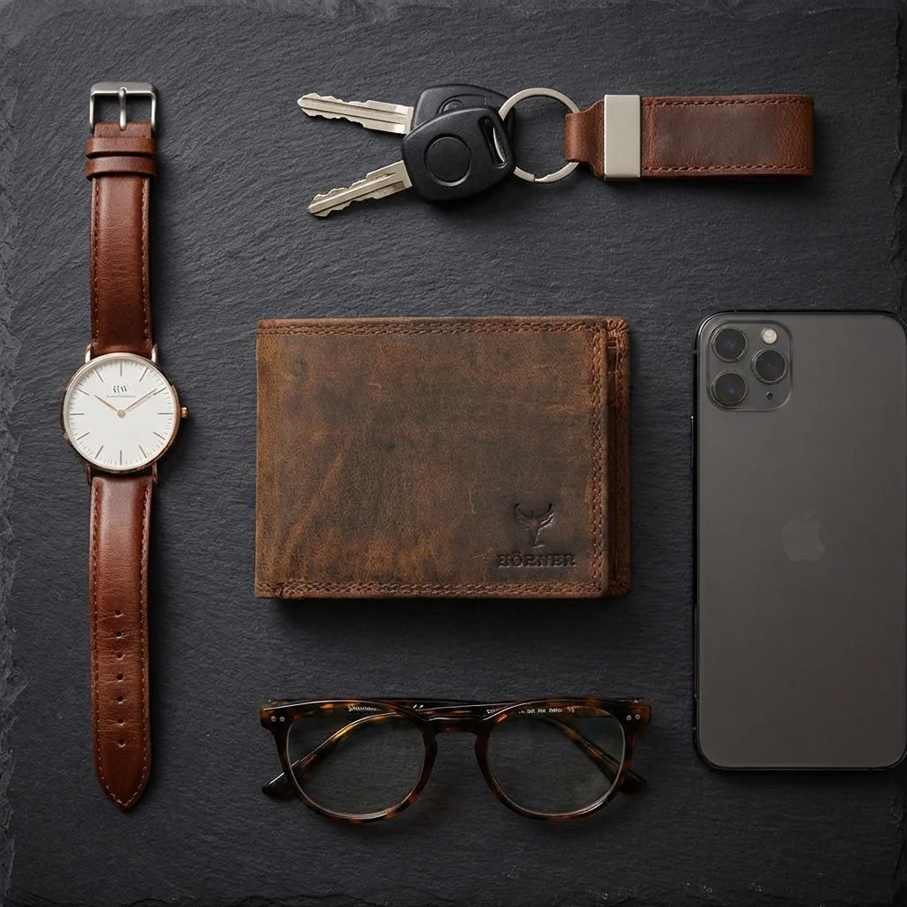 Cartera fina de cuero Hörner con tarjetas en una composición Everyday Carry, como regalo de selectividad