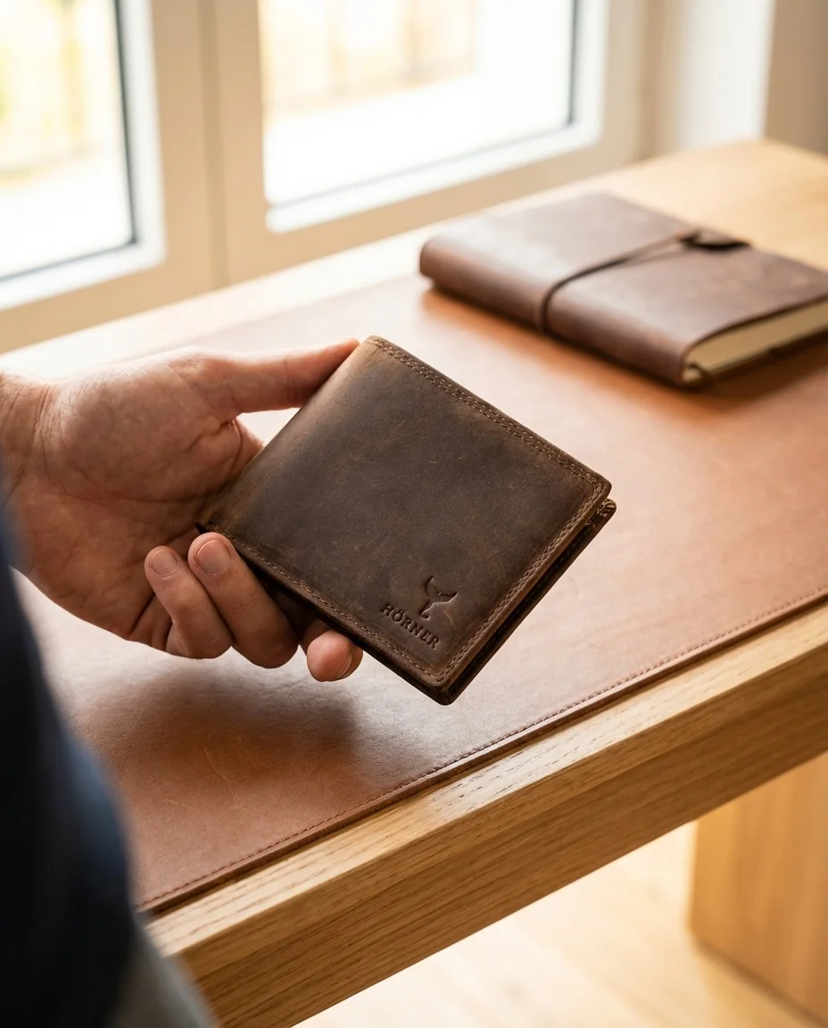 Una mano sostiene una cartera Hörner Candor de piel de cabra engrasada sobre un escritorio