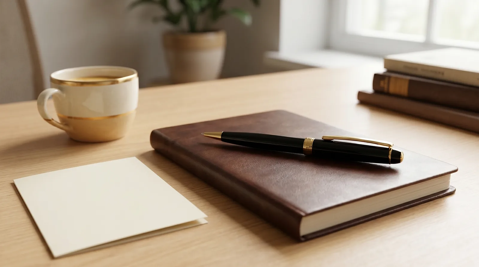 Un stylo à bille Hörner Nobilis noir avec finitions dorées sur un carnet en cuir, à côté d'une carte, d'une tasse de café et de livres
