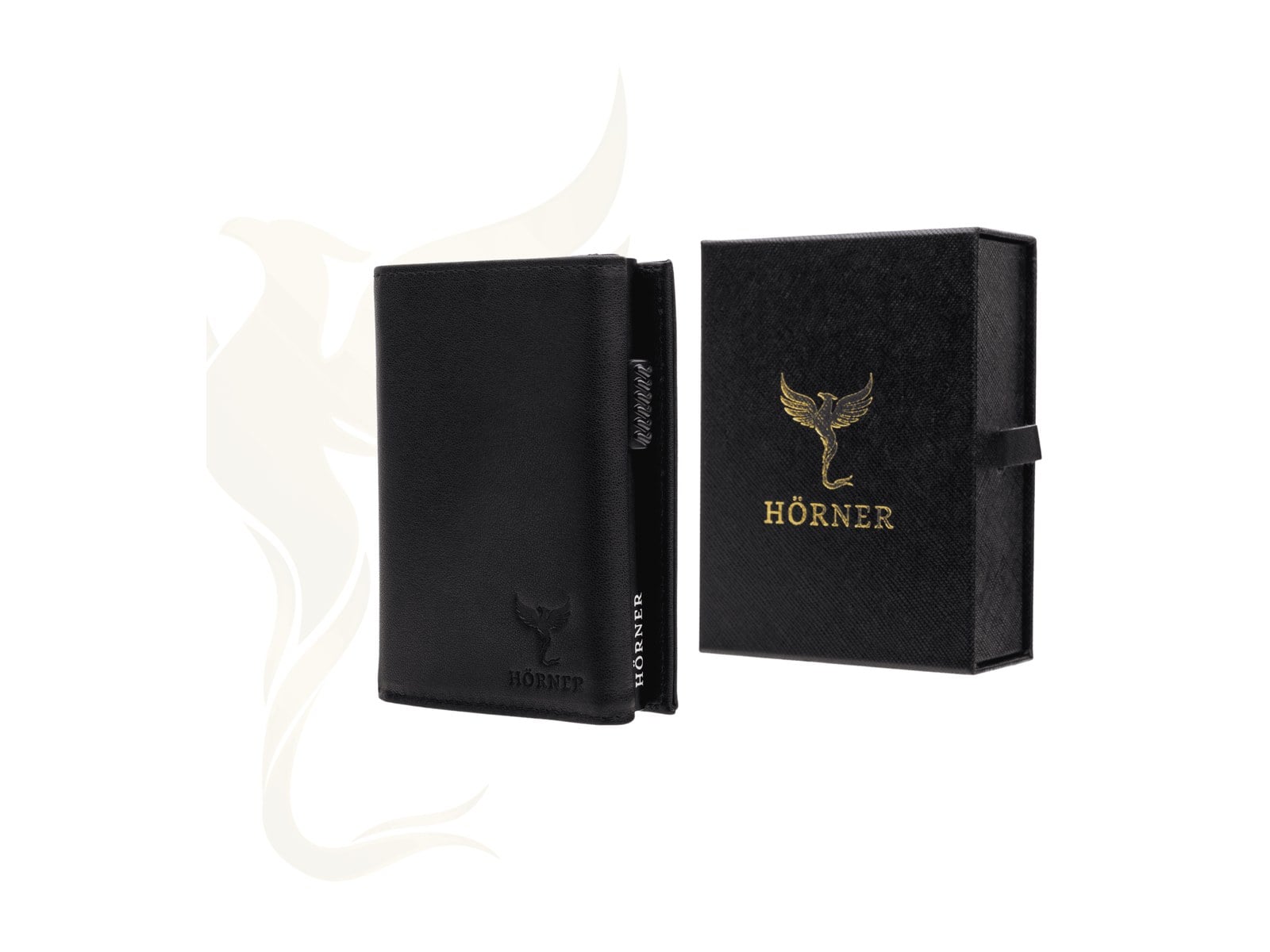 Cartera Hörner Nexus de piel napa negra en embalaje de regalo