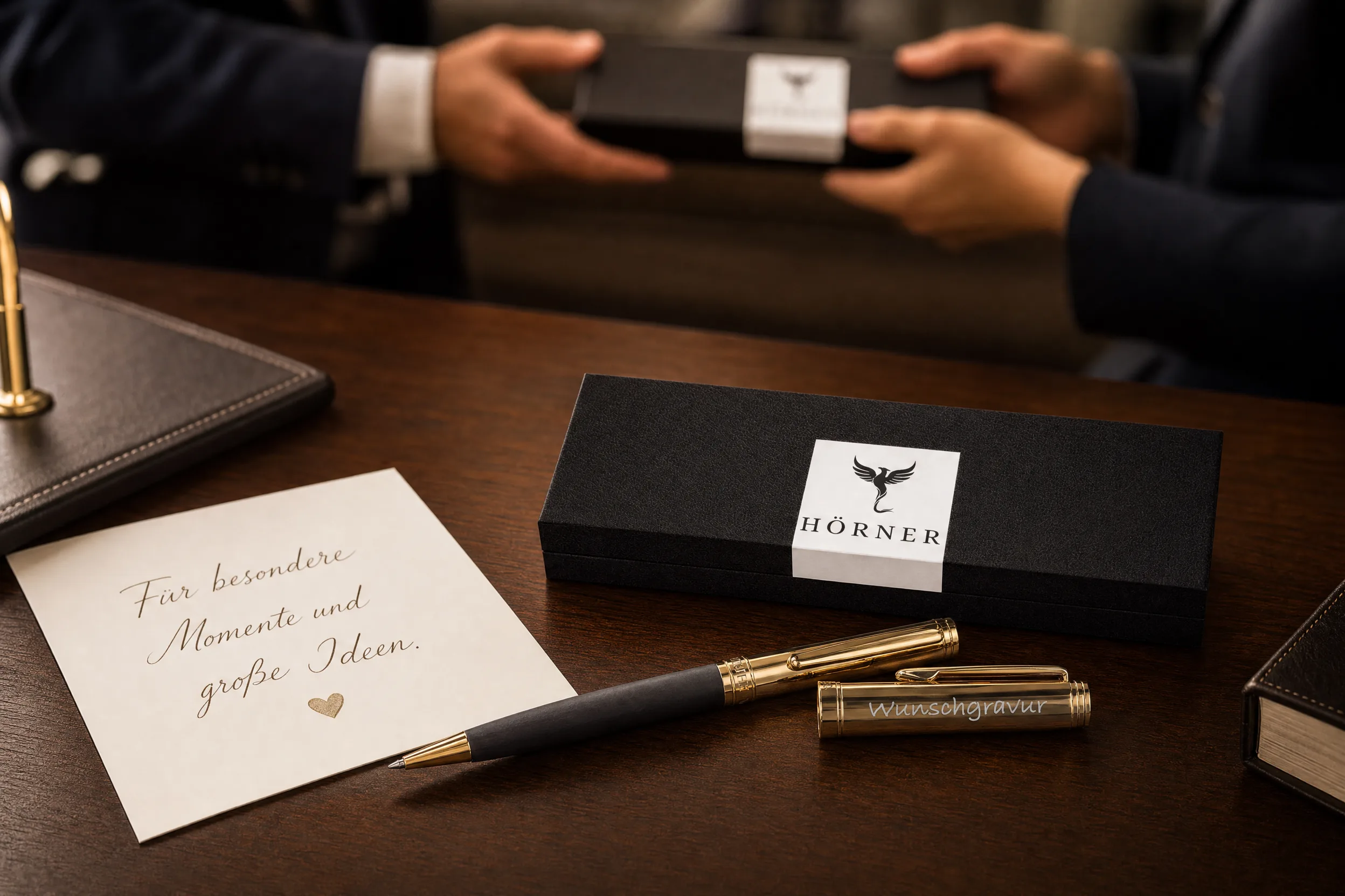 Regalo Hörner listo para entregar: instrumento de escritura en caja de regalo con nota escrita a mano