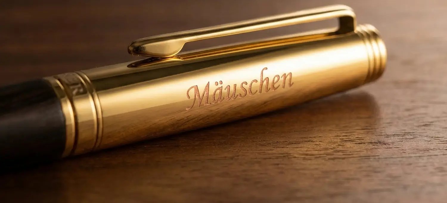 Ein Hörner Legno Ebenholz Kugelschreiber mit goldener Kappe, darauf die Schreibschrift-Gravur Mäuschen, auf einem Holztisch