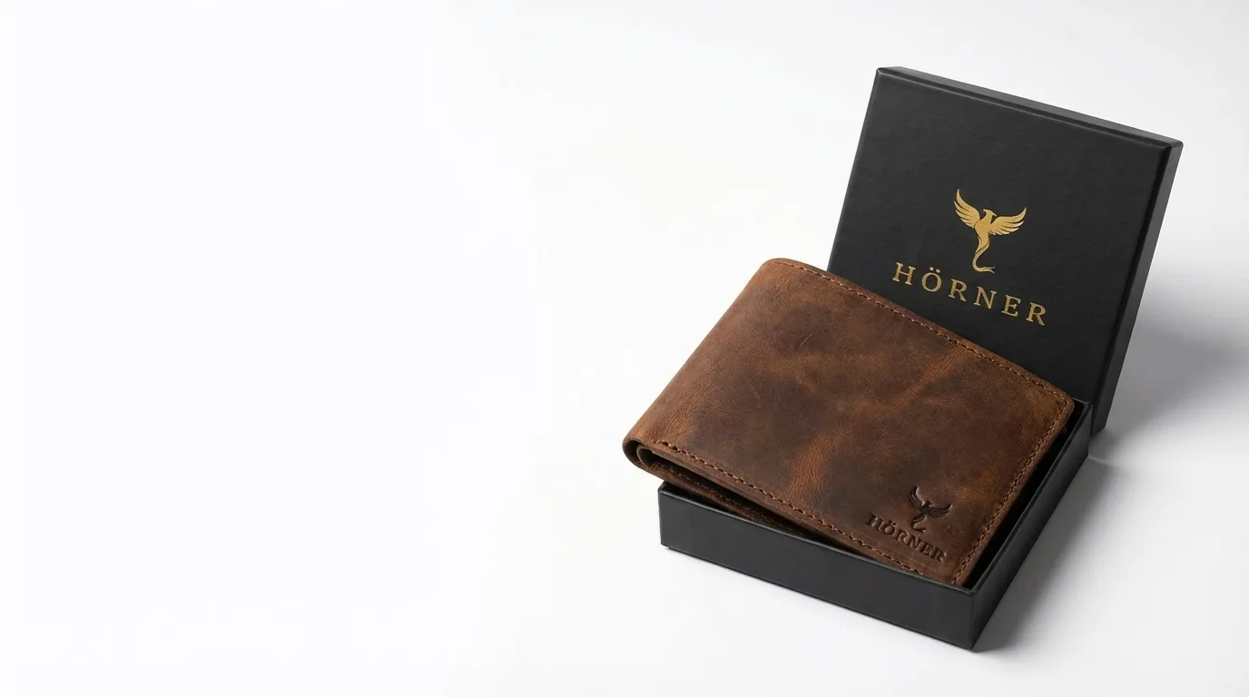 Cartera de cuero color coñac con pátina vintage del surtido de Hörner en una caja de regalo