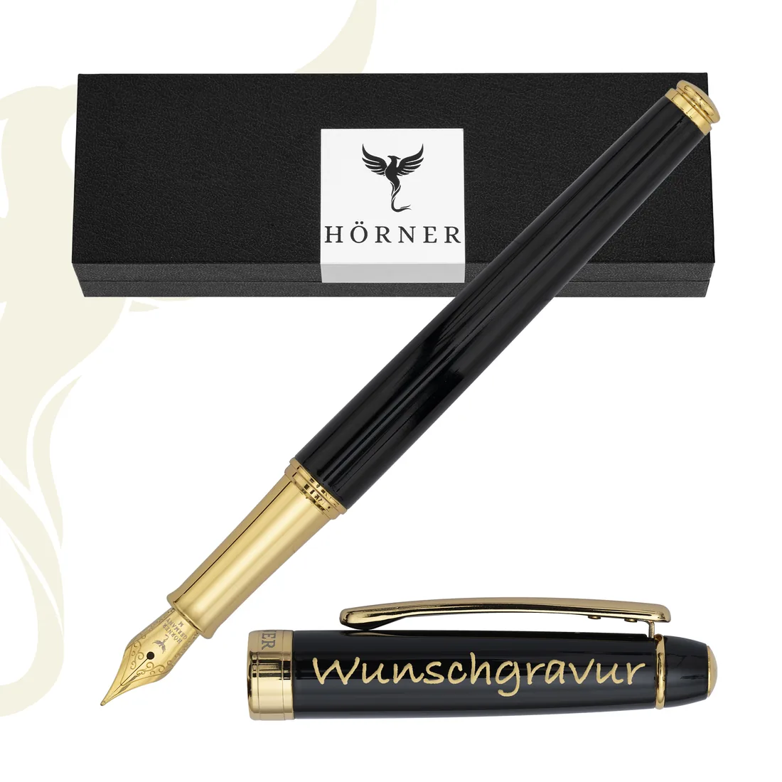 Stylo-plume Hörner Nobilis en noir avec plume dorée, packshot