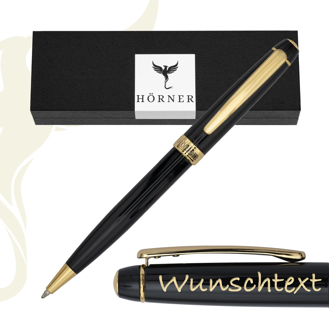 Stylo-bille Hörner Nobilis en noir et or, packshot avec gravure personnalisée