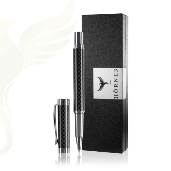HÖRNER ONE-Hochwertiger Tintenroller Carbon schwarz silber I Schreibfarbe Blau 0,7 mm I Aus Metall I edles Schreibset mit Etui I Stift für Vielschreiber I Modern
