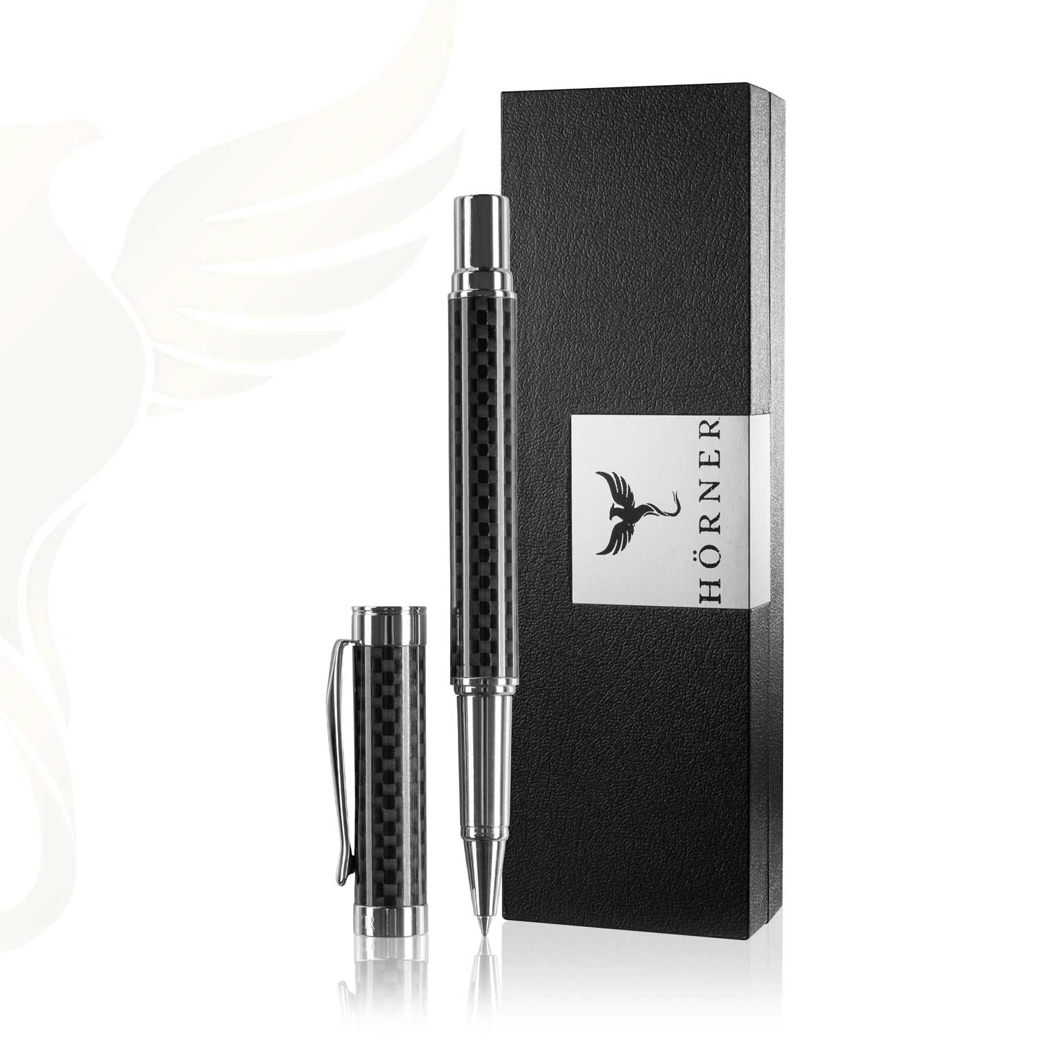 HÖRNER ONE-Hochwertiger Tintenroller Carbon schwarz silber I Schreibfarbe Blau 0,7 mm I Aus Metall I edles Schreibset mit Etui I Stift für Vielschreiber I Modern