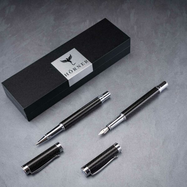 Hörner One Füllfederhalter & Tintenroller I Hochwertiges Schreibset I Edler Carbon-Look I Weiches Schreiben I Rollerball & Fountain Pen mit Etui