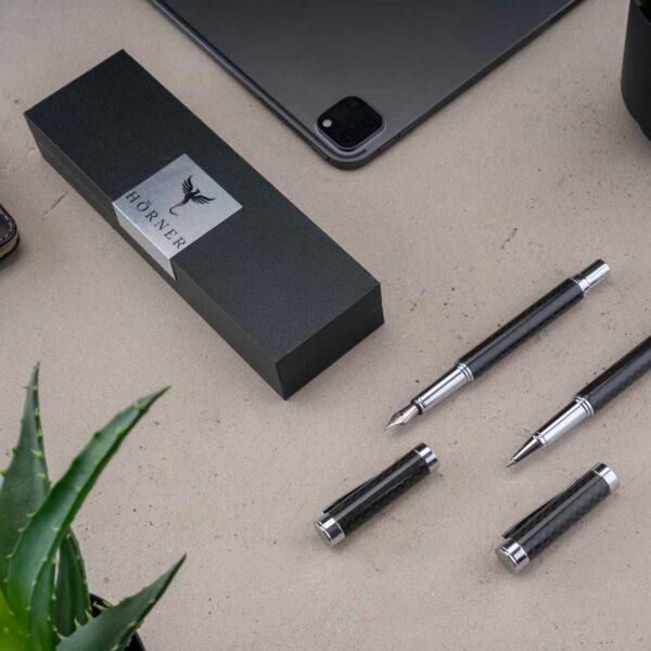 Hörner One Füllfederhalter & Tintenroller I Hochwertiges Schreibset I Rollerball & Fountain Pen aus Carbon und Etui