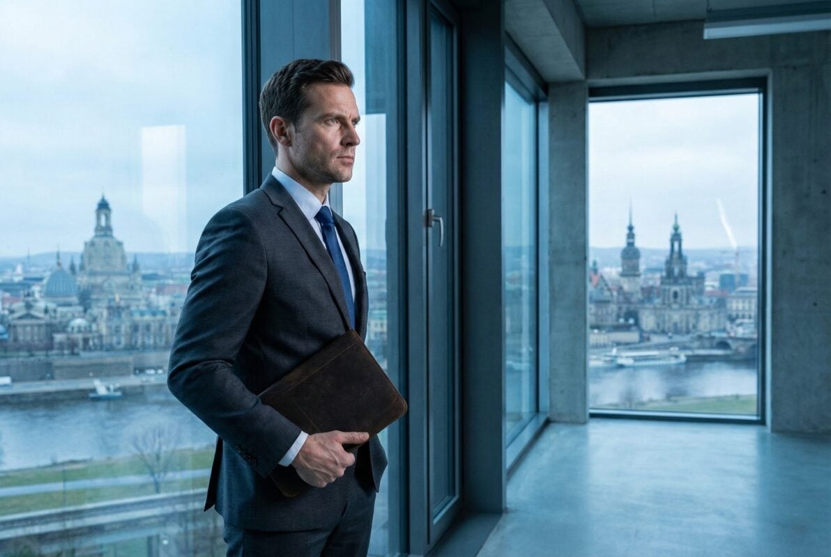 Geschäftsmann mit Rom Konferenzmappe Cognac vor Fensterfront mit Dresdner Stadtsilhouette