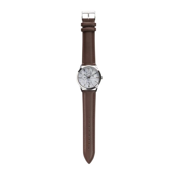 Hörner Nova Aurora Herren-Armbanduhr mit weißem Zifferblatt in Perlmutt-Optik auf weißem Hintergrund