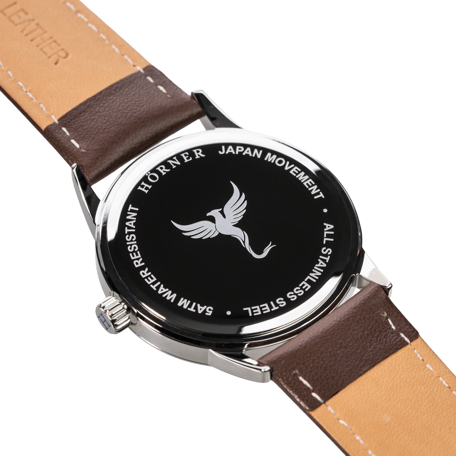 Hörner Nova gravierter Gehäuseboden mit Phoenix-Signatur, 5 ATM wasserresistent, Japan Movement, 316L Edelstahl