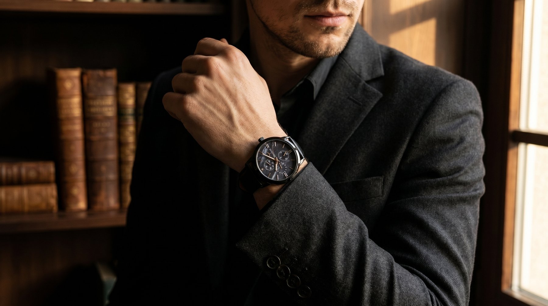 Hörner Nova Eclipse Herren-Armbanduhr in Schwarz-PVD am Handgelenk eines Mannes im dunklen Anzug, editoriale Lifestyle-Aufnahme mit warmem Bibliothekslicht