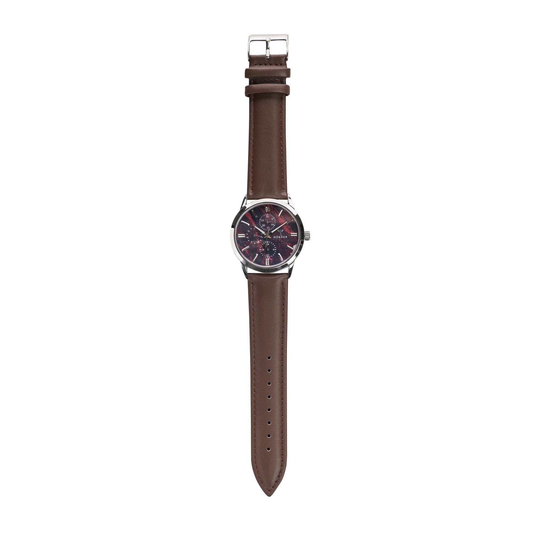 Hörner Nova Ember Herren-Armbanduhr mit weinrotem Zifferblatt in Perlmutt-Optik auf weißem Hintergrund