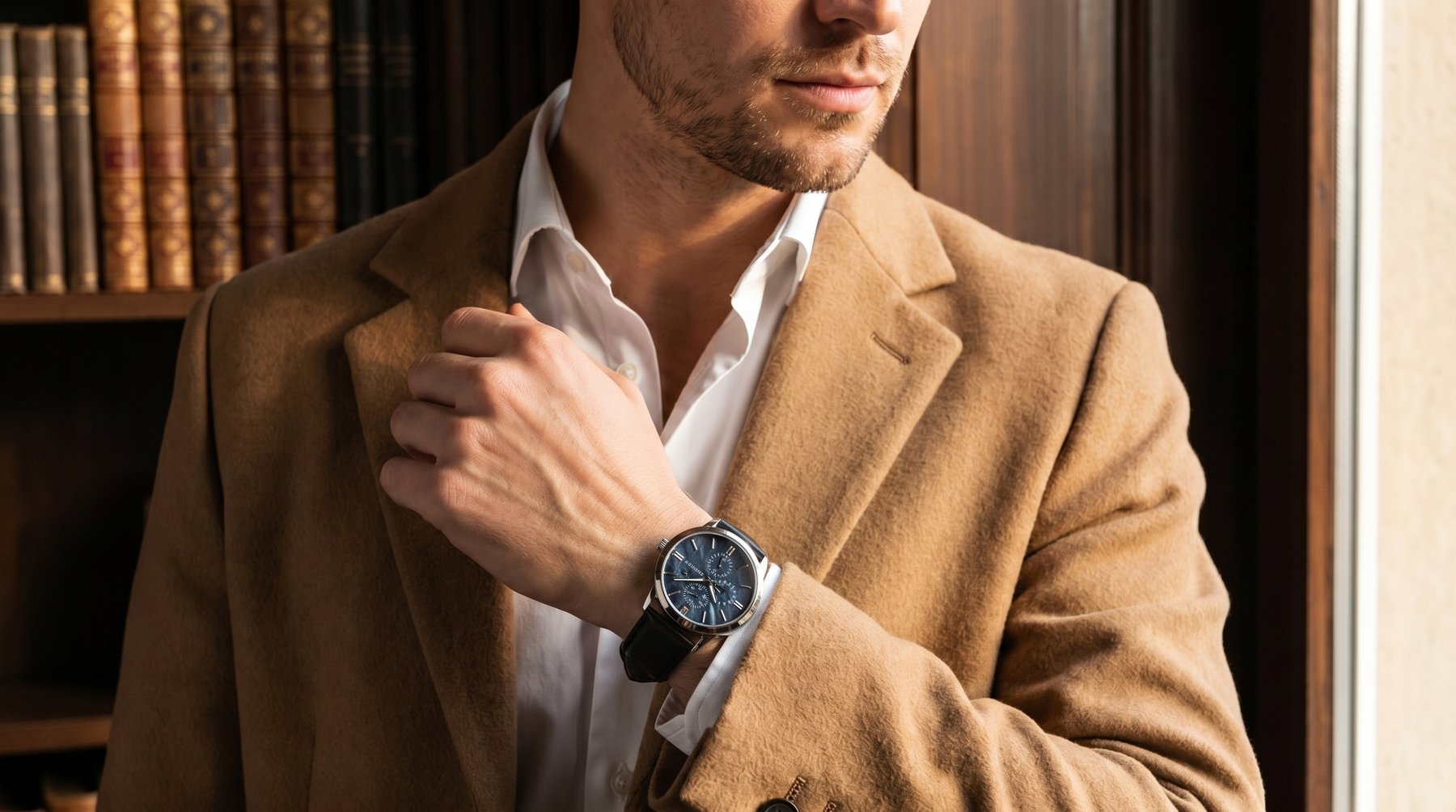 Hörner Nova Midnight Herren-Armbanduhr mit mitternachtsblauem Zifferblatt am Handgelenk eines Mannes im grauen Anzug mit Strickkrawatte, editoriale Lifestyle-Aufnahme