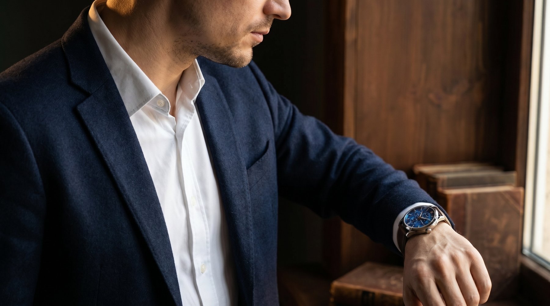 Hörner Nova Nebula Herren-Armbanduhr mit blauem Zifferblatt am Handgelenk eines Mannes im marineblauen Blazer, editoriale Lifestyle-Aufnahme mit warmem Bibliothekslicht