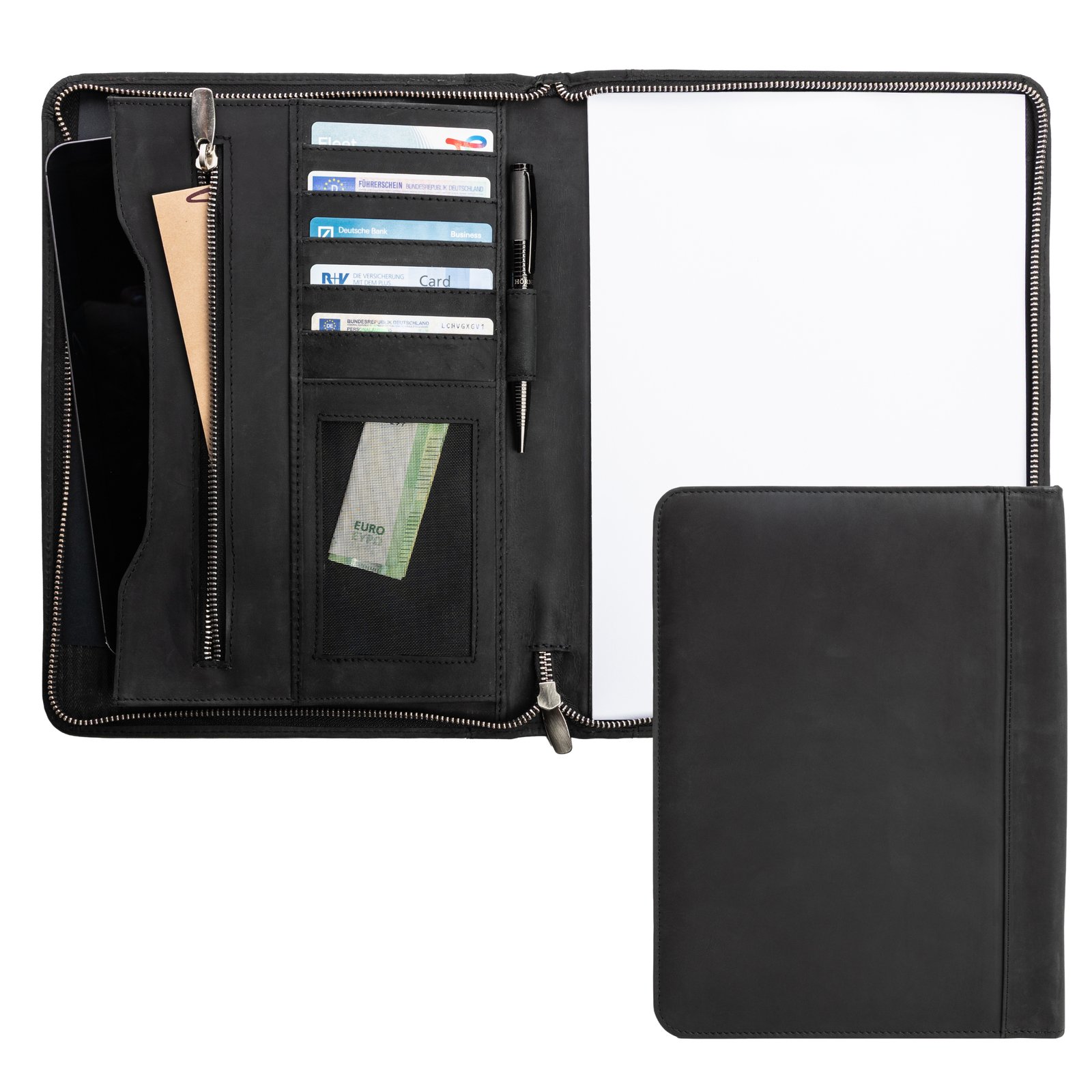 Hörner Rom Conference Folder Black open with card slots, pen holder and documents