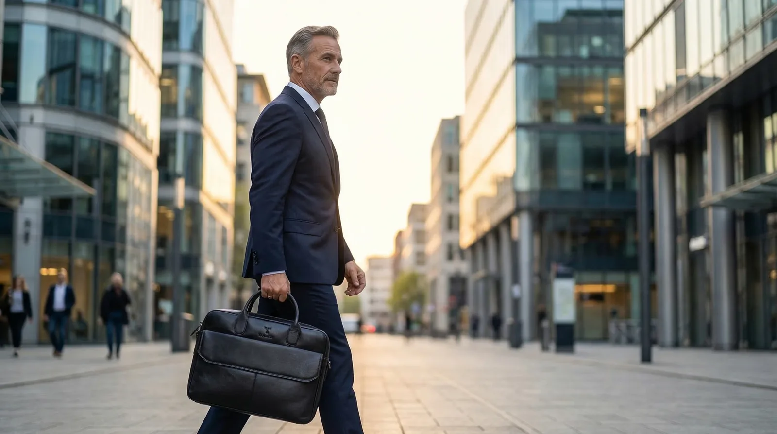 Estilo de vida: maletín de negocios Hörner Düsseldorf de piel napa en un entorno urbano, llevado al hombro